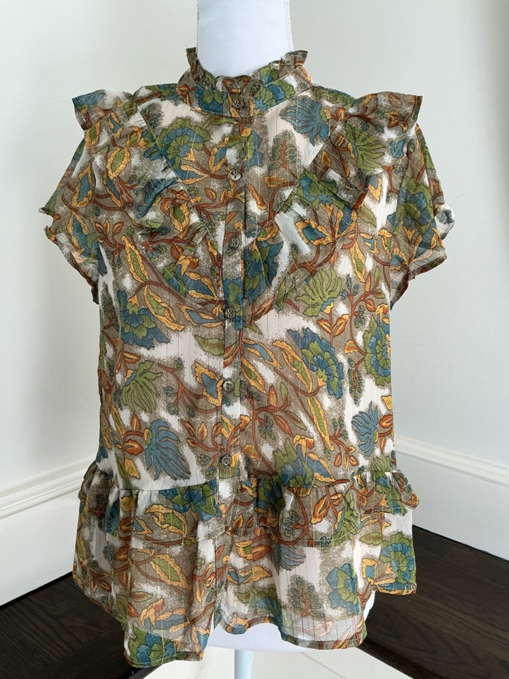 Walter Baker Sheer Floral Blouse — Green, Blue, Gold